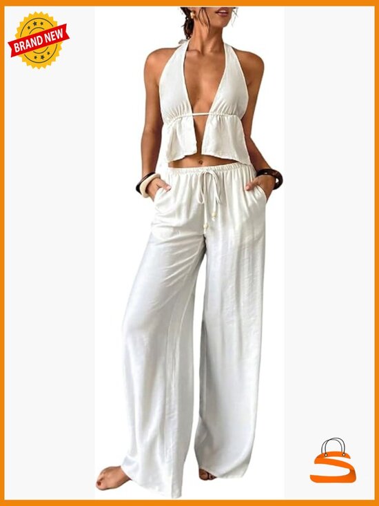 Pants - 2 Piece Beach Outfit: Peplum Crop Top & Wide Leg Pants Set